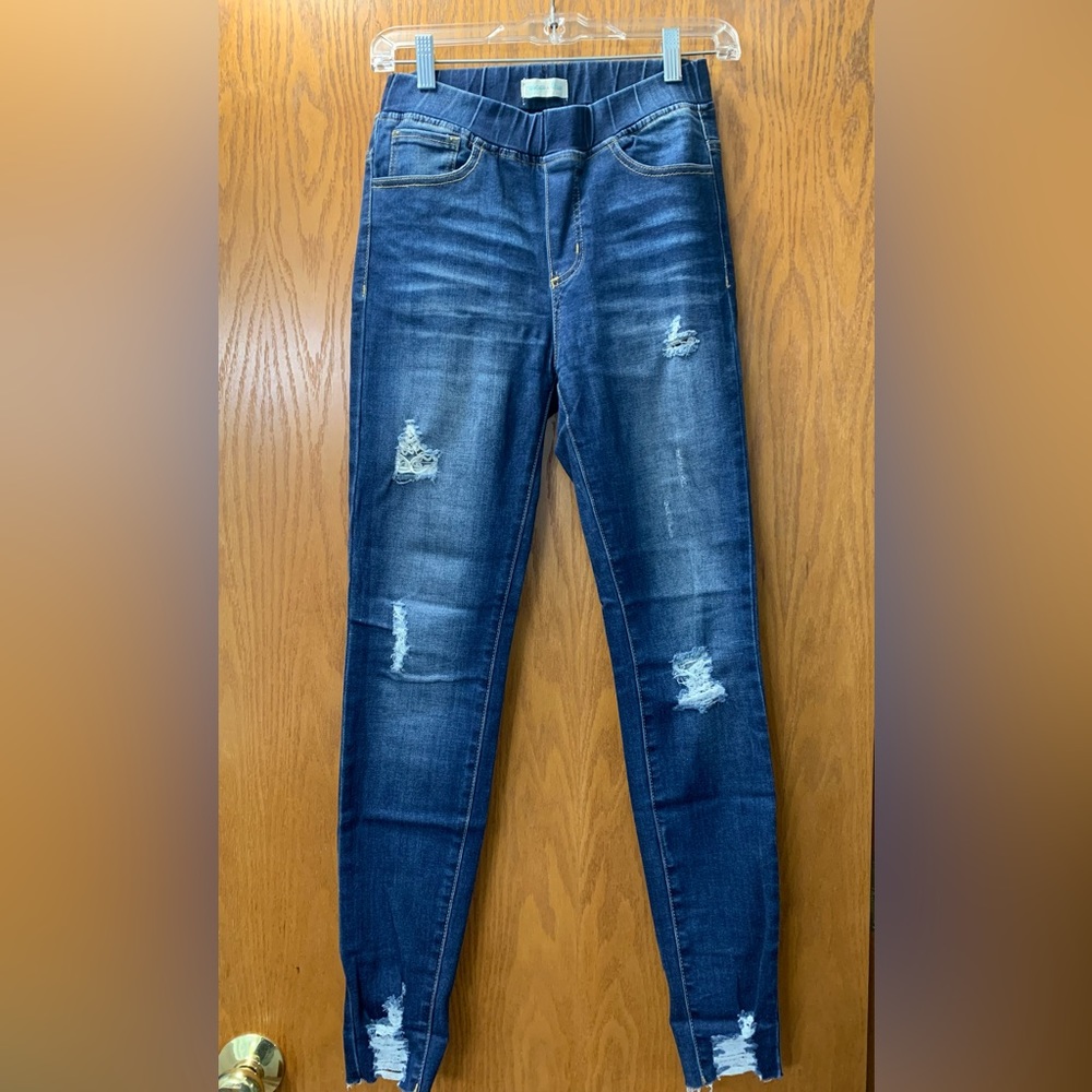 Grace & Lace Distressed Mid Rise Pull On Denim
